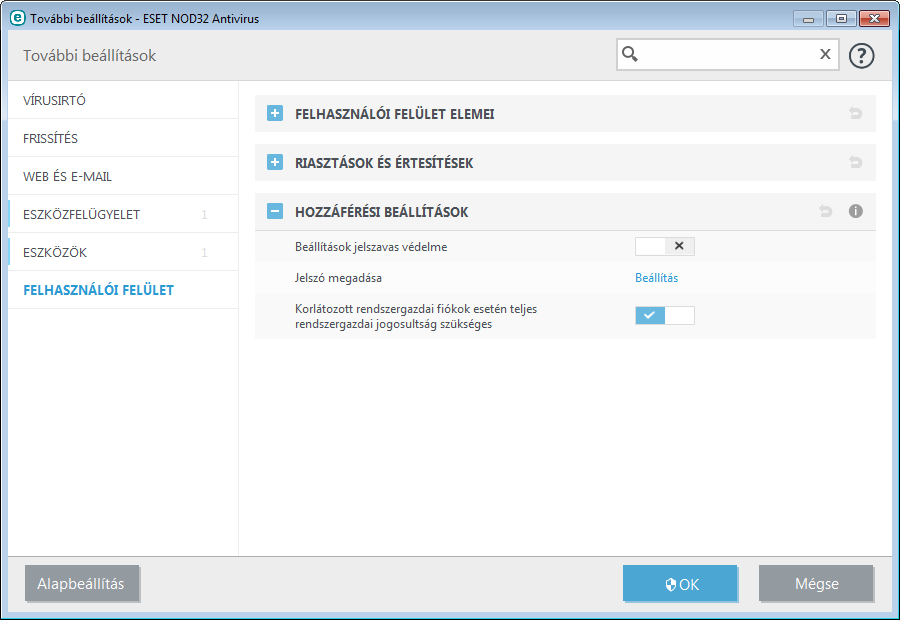 4.5.4 Hozzáférési beállítások Az ESET NOD32 Antivirus beállításai biztonsági házirendje lényeges részét képezik. A jogosulatlan módosítások veszélyeztethetik a rendszer stabilitását és védelmét.