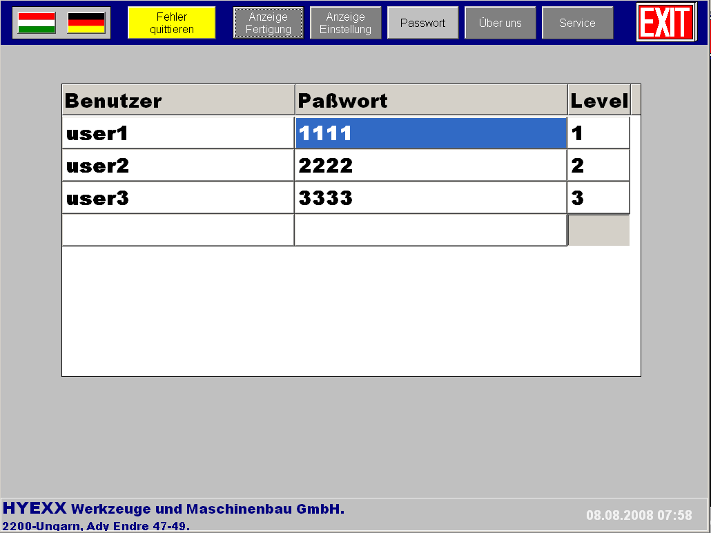 4.7. Jelszavak A kezelőfelület programjában 3 jelszószintet különböztetünk meg: 1. a kezelő jelszószintje 2. a beállítás jelszószintje 3.