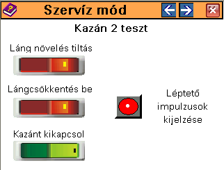 A 2. es kazánvezérlés tesztje. 11. ábra kazán 2 tesztlapja A virtuális kapcsolókkal, lehet a különböző funkciókat működtetni.