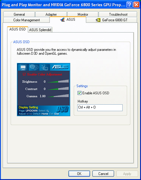 3. ASUS OSD (Képernyőmenü) 3.1 Bevezetés Az ASUS OSD (Képernyőmenü) segítségével Ön dinamikusan állíthat a megjelenítési jellemzőkön teljes képernyős 3D és OpenGL játékok futtatása közben is. 3.2 Az ASUS OSD engedélyezése Az ASUS OSD elindításához: 1.