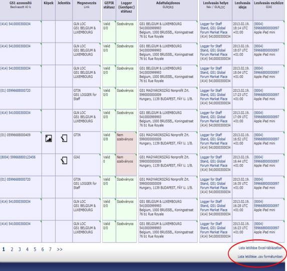 A lista nézet alján pedig lehetőségünk van arra, hogy a weboldalról a rekordjainkat letöltsük Excel táblázatban vagy pedig.csv formátumban.