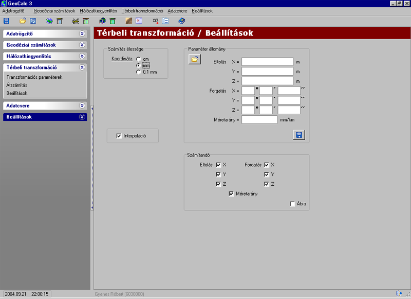 Térbeli transzformáció 43 Paraméterek szerkesztése A paraméterek megadásához a megfelelő boxokat kell értelemszerűen kitölteni.