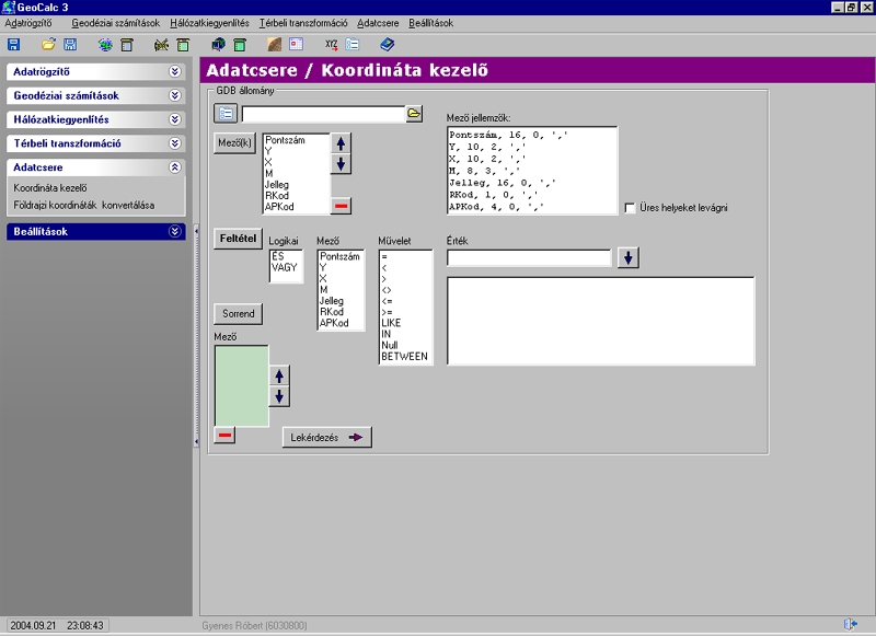 58 7 GeoCalc 3 Adatcsere A modulban lehet a különbözo adatformátumokat konvertálni. 7. Koordináta kezelő A munkalapon lehet a GeoCalc formátumú adatbázisokban tárolt koordinátákat válogatni, csoportosítani, konvertálni.