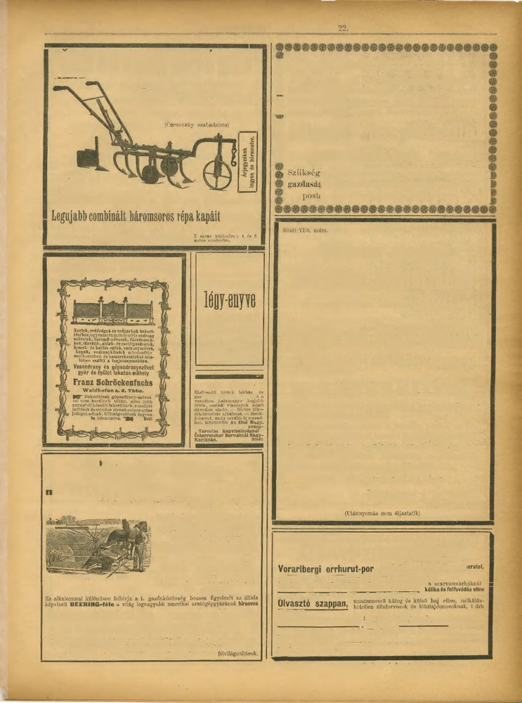 41. SZÁM. 7-IK ÉVFOLYAM. KÖZTELEK, 1897. MÁUJS Hö 741 CERNOVSKYés TARSA mezőgazdasági gépgyára B01MÍSOU-BBÓD, Prága mellett, ajánlja a ri.t. gazdaközönségaek felülmulhatlan r é p a kapáié.