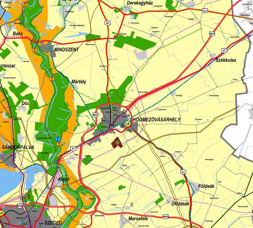 3.3. Csongrád megye területrendezési terve (2012) 3.3.1. Szerkezeti Terv kivonata 19. ábra: Csongrád Megye Szerkezeti Terve 2012 3.3.2. Hódmezővásárhely közigazgatási területét érintő országos és térségi jelentőségű műszaki infrastruktúrahálózatok és objektumok Kivonat a 21/2005.