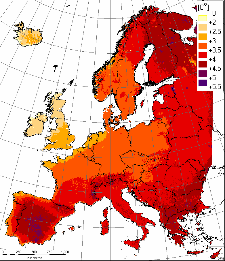 A széndioxid növekedésével az Európán belüli hımérséklet - és csapadék - eloszlás is nagymértékben megváltozott.