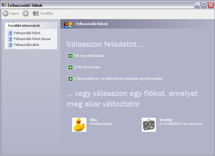 Lássuk, hogyan kell létrehozni korlátozott felhasználói fiókot! Windows XP Nyisd meg a Start menüt, keresd ki a Vezérlőpultot, azon belül pedig a Felhasználói fiókok ikont. Kattints rá!