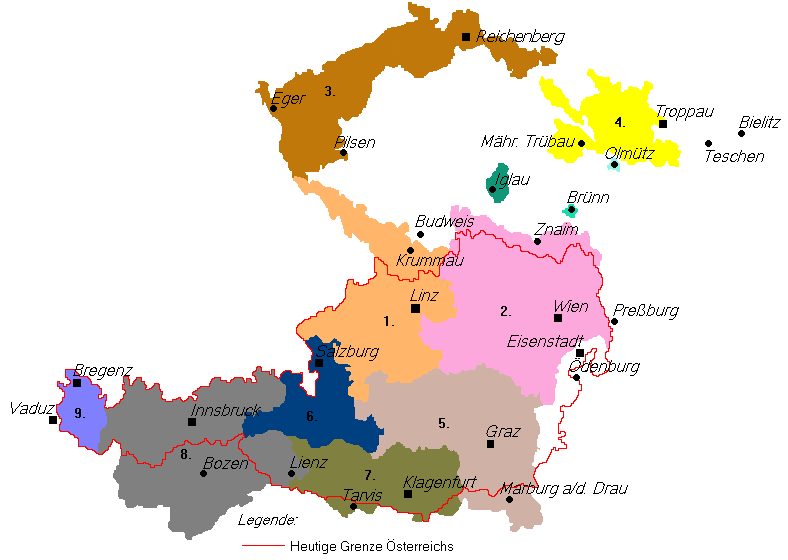 az új Ausztria az osztr{k közt{rsas{g Ausztria hét egykori örökös osztr{k tartom{nyból (Alsó- és Felső-Ausztria, Salzburg, Tirol, Vorarlberg, St{jerorsz{g és Karintia), valamint Burgenlandból alakult