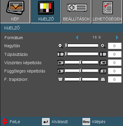 Felhasználói kezelőszervek MEGJELENÍTÉS Nagyítás Nyomja meg a gombot a kép méretének csökkentéséhez...nyomja meg a gombot a kép méretének növeléséhez a vetítővásznon.
