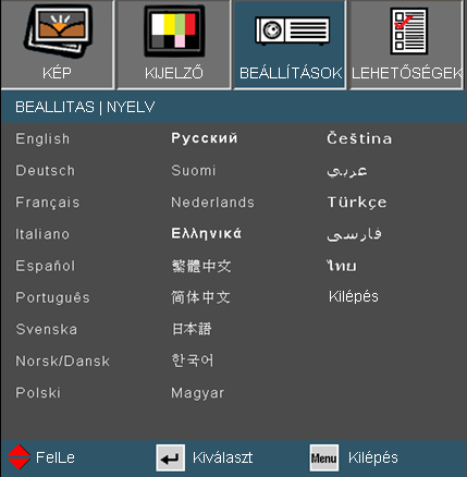 Felhasználói kezelőszervek BEÁLLÍTÁS Nyelv Nyelv A tobbnyelvű OSD menu kivalasztasa.