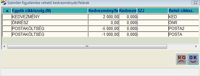 A teszt számla árainak fixálása kiegészült azzal a funkcióval, hogy a végszámla készítésekor megjelenik a Számlán figyelembe vehető kedvezmények/felárak ablak, amellyel a számlára feltehető egy