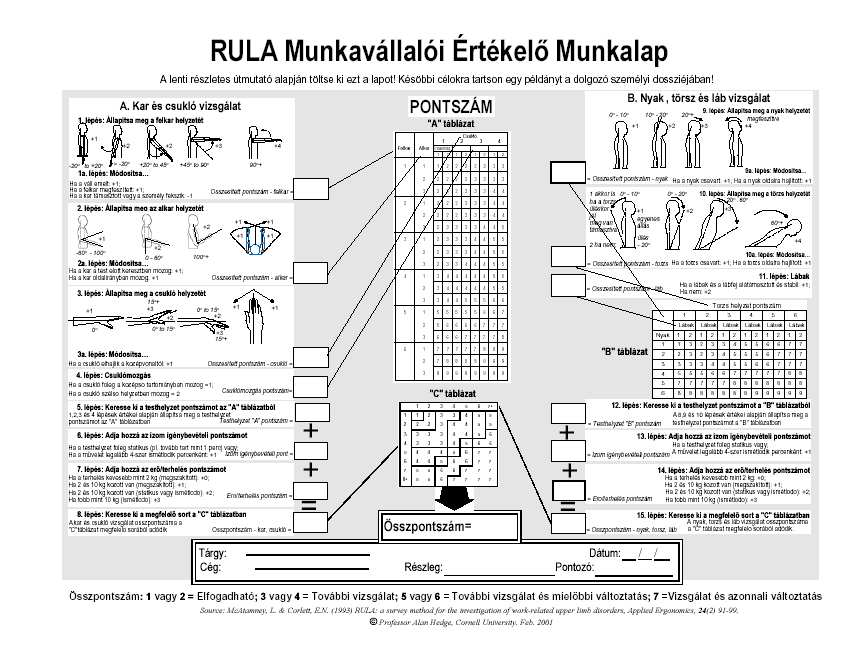 Egy olyan szűrő eszköz, amely a teljes testre ható biomechanikai és testtartásbeli terhelést vizsgálja. nyakra, a törzsre és a felső végtagokra fókuszál, és ideális ülőmunkához, pl.