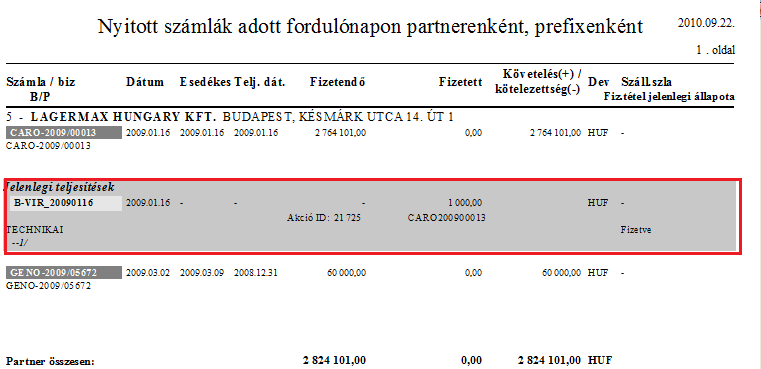 A riport továbbra is az adott fordulónapon nyitott számlák listáját fogja megjeleníteni, csak a nyitott számlák mellett megjeleníti azok jelenlegi teljesítettségét.