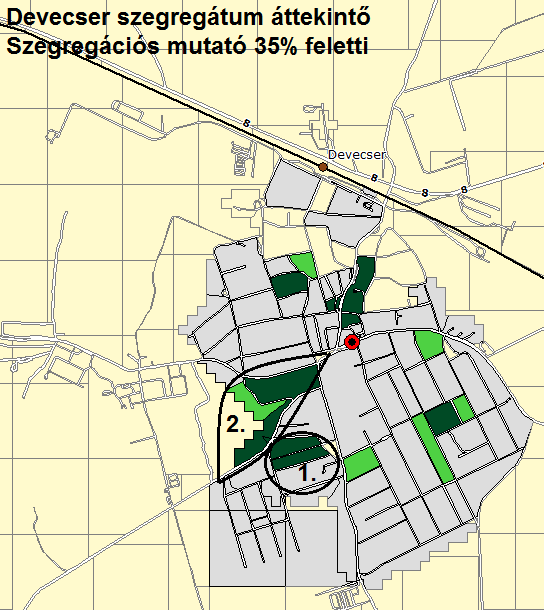 3.3-3. ábra: Devecser város szegregált és szegregációval veszélyeztetett területei (forrás: KSH Népszámlálás 2011) 1. szegregátum (József A. u.