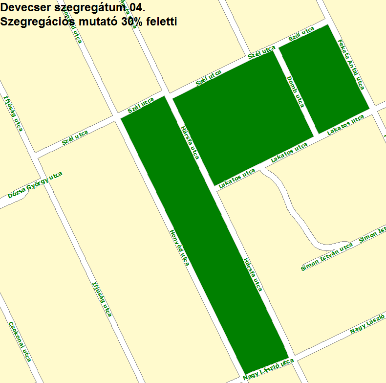 3.3-7. ábra: Devecser 4. szegregátum (Honvéd u. - Nagy L. u. - Hársfa u. - Lakatos u. - Fekete A. u. - Szél u.) Összehasonlítva a négy szegregátumot megállapítható, hogy az 1.