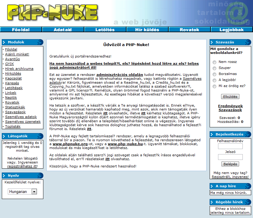 5.2.1.2. PHP-Nuke Felhasználói felület: Néhány kiemelt jellemző: A PHP-Nuke még a PHP 4-es verzióra épül, ezért a PHP 5-ös verziójával kompatibilitási problémák lépnek fel, ez konfigurációs