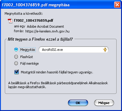 A Nyomtatás gombra kattintást követően a kérelem megnyílik az Adobe Reader