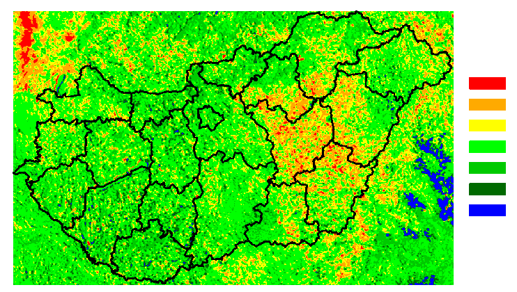 Aszálymonitoring, 2002 SPOT VEGETATION 2000 NDVI (2000-1998) >-0.20 2000 június 4. és 1998 június 7. -0.19 - -0.10-0.09 - -0.05-0.04 - +0.04 +0.05 - +0.09 +0.10 - +0.19 >+0.