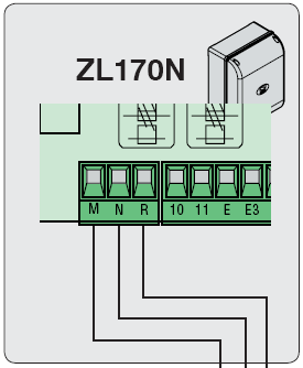 Motor bekötése ZL170N vezérlésbe Kösse be az ábra alapján az ADT kártyát a motor sorkapcsába és az M,N,R pontokat kösse össze.