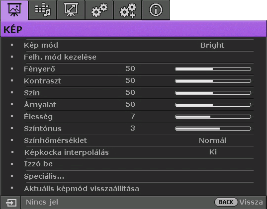 ii. Használja a / gombot a Speciális elem kiválasztására, majd nyomja meg az OK gombot. iii. Nyomja meg újra a MENÜ gombot a Speciális OSD menü megnyitásához.