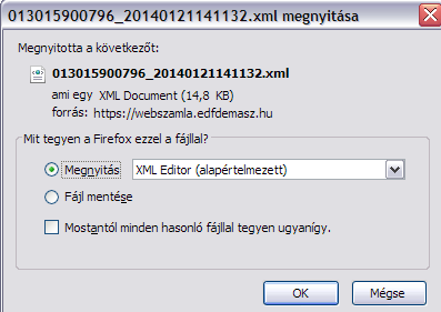 12.1.3. Elektronikus számla hivatalos XML-nek letöltése 2014.01.01 előtt kiállított számlák XML letöltése: 2014.01.01. előtt kiállított számlák esetében az XML letöltés a ikonnal történhet.