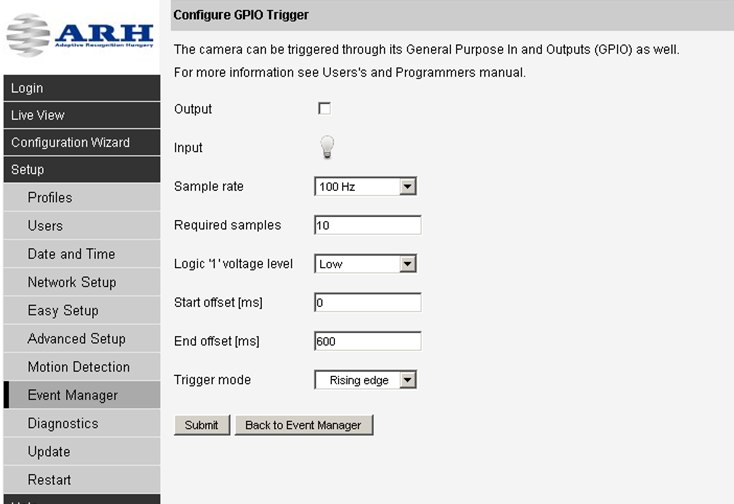 10 12.3 GPIO Trigger A kamera GPIO porton keresztül való triggereléséhez a GPIO konfiguráció beállítása szükséges. Fontos, hogy a Start offset és End offset értékek mindig kamerahelyszín specifikusak.