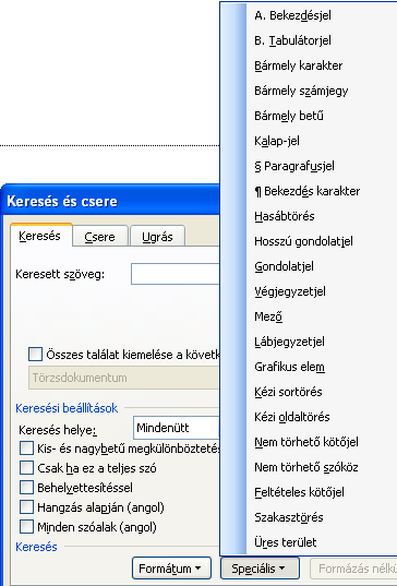 Ha bejelöljük a Behelyettesítéssel jelölőnégyzetet, akkor elég a keresett szó belsejéből néhány egymást követő karaktert megadni. Választhat a szó eleji és szóvégi egyezéseket is.