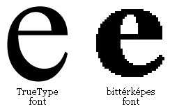 Betűtípusok A betűtípusokat a Windows rendszerek egységesen kezelik. Az ún. bittérképes karakterek (pixelfontok) képe képpontonként van tárolva, adott felbontású megjelenítő eszközre van tervezve.