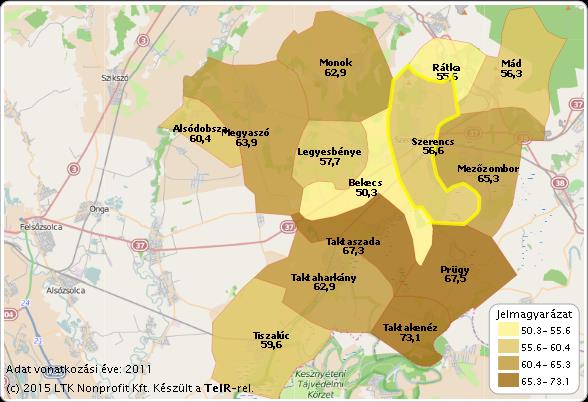 56. ábra: Alacsony presztízsű foglalkoztatási csoportokban foglalkoztatottak megoszlása az aktív korúak arányában 2007-2012 Forrás: TEIR A gazdaságilag nem aktív népesség aránya a lakónépességen