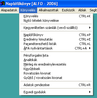 32 Naplófőkönyv Pénztárkönyv 3. KÖNYVELÉS almenü A könyvelés almenüben találhatóak azok a menüpontok, amelyekkel a könyvelési tételeket tudjuk felvinni, illetve lekérdezni. 26.