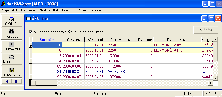 Naplófőkönyv Pénztárkönyv 43 36. ábra Áfalista képernyő 3.4.4. ÁFA bevallás A 1508-hoz hasonlóan kötegelt nyomtatvány a 1565 is, a 1565A oldal maga a korábbi áfa bevallás, amihez több 1565M oldal tartozhat.