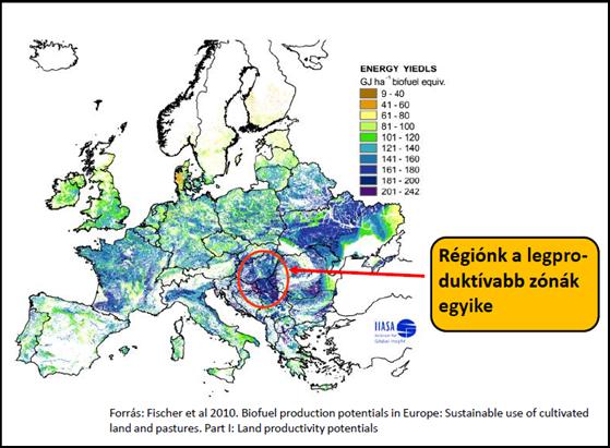 20. ábra A második generációs energianövények potenciális energiahozamai (GJ/ha) Európában Hazánk biomassza alapú zöldenergia termelési potenciálja kiemelkedőnek számít