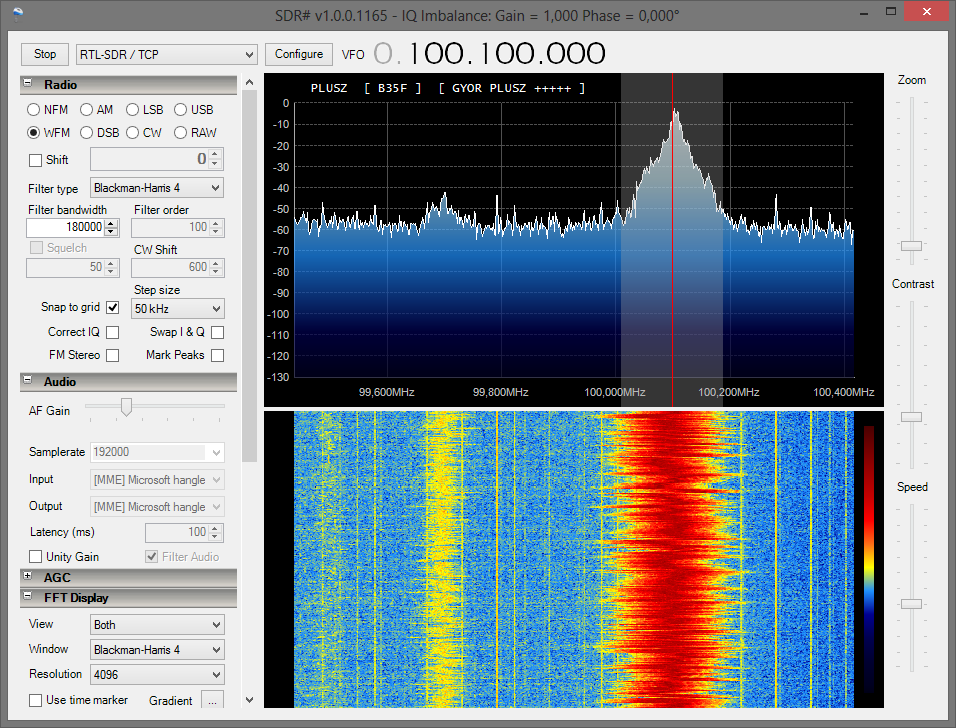 3. ábra: rtl_tcp.exe, alapértelmezett beállításokkal 3. SDR# Az SDR# egy C# nyelven írt, nyílt forráskódú SDR szoftver, amely képes többféle hardver és egyéb bemenet kezelésére.