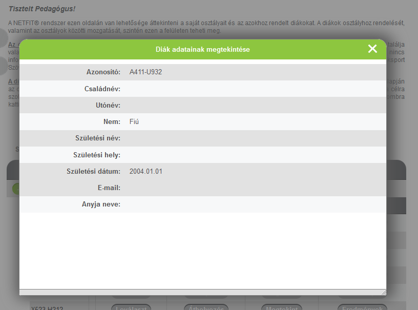 31 8.2 Diák adatainak megtekintése A kiválasztott diák adatlapja elérhető egy felugró ablakban.