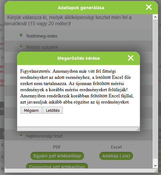 36 Az excel típusú adatlapok generálása előtt megjelenik egy figyelmezető ablak (33.