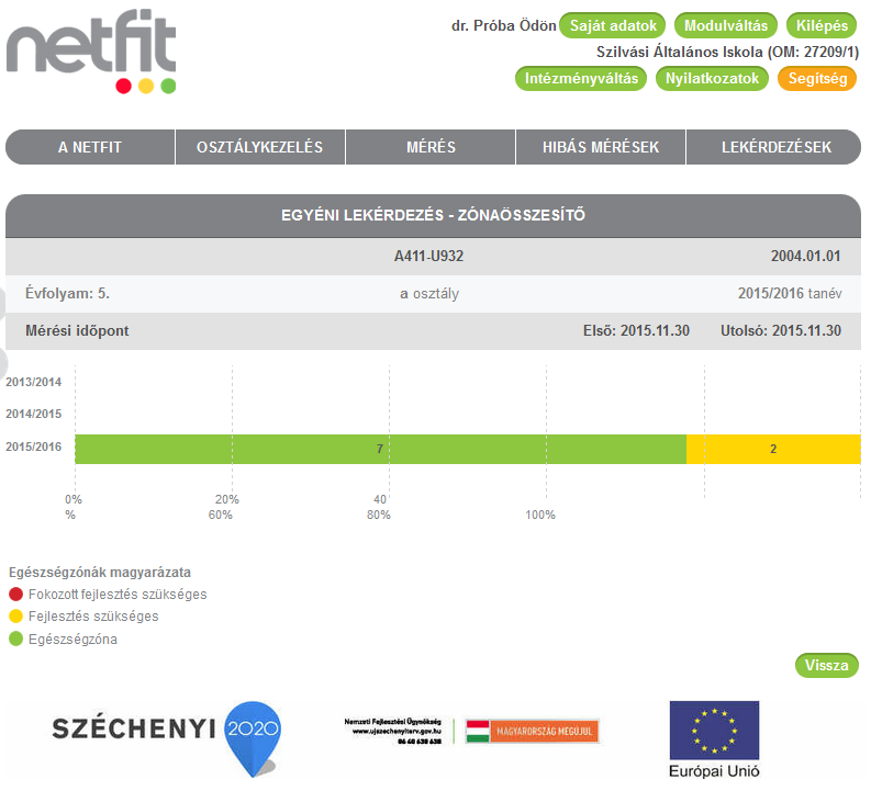 86 10.7.1.9 Egyéni szintű lekérdezés Zónaösszesítő eddigi tanévek alapján - képernyőre A lekérdezés eredményeként tanévenkénti bontásban tekinthető meg az adott diák eredményessége,