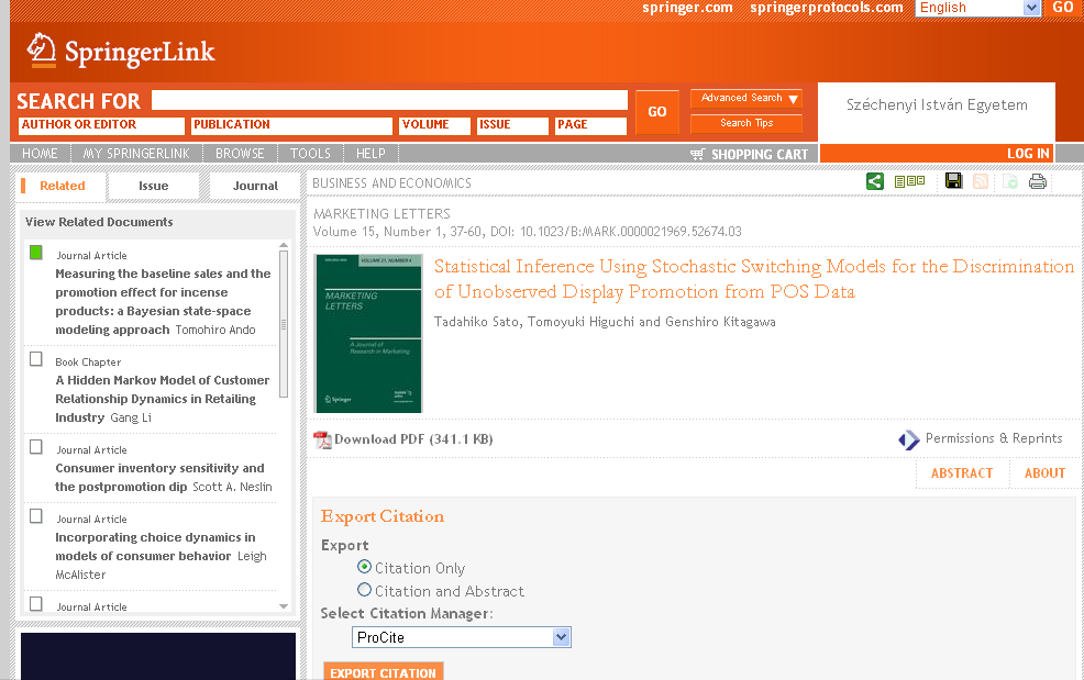 III. 5. 1.2. 2. ScienceDirect (http://www.sciencedirect.com/) A keresés után az összes tétel, vagy a kiválasztott rekordok az Export citation gomb megnyomásával exportálhatók.