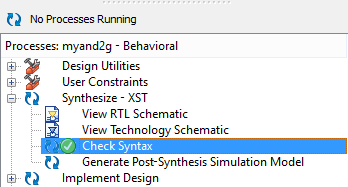 VHDL forráskód: AND kapcsolat CTRL+S: VHDL forrásfile mentése (*) CheckSyntax: