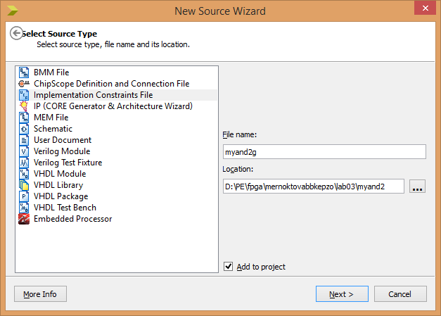 UserConstraints: felhasználói megkötések Sourcesablak: myand2g Behavioral kiválasztása Project menü New Source Implementation Constraint File kiválasztása a listából (.