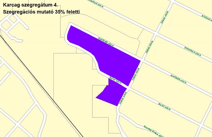 MUNKARÉSZEK 195 31. térkép A 2. számú szegregátum, 35% feletti mutató alapján Forrás: 2011. évi népszámlálás, KSH. 32. térkép A 4. sz. szegregátum térképe Forrás: 2011.