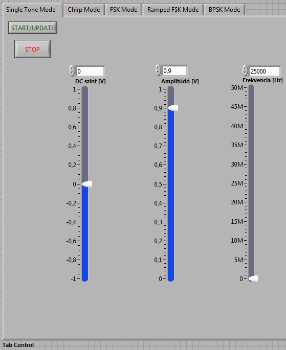 3.3.1 Egytónosú üzemmód 30. ábra: Egytónosú üzemmód GUI 3.3.2 Lépcsőzetlen FSK üzemmód A Frekvencia 1 gomb megnyomásával lehet az egyes frekvencia regiszterbe beállított frekvenciát a kimenetre