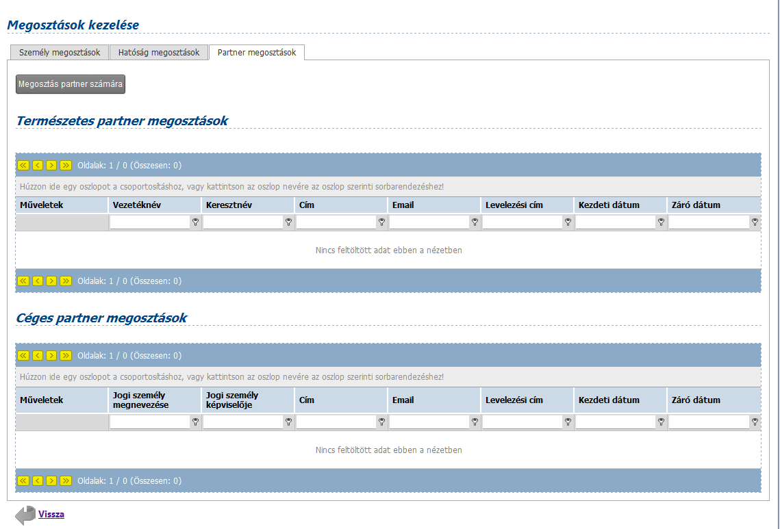 Mindkét esetben a Megosztás partner számára gomb használatával érheti el azt a felületet, ahol a partner adatainak megadása után elkészül a betekintő egyedi kódja.