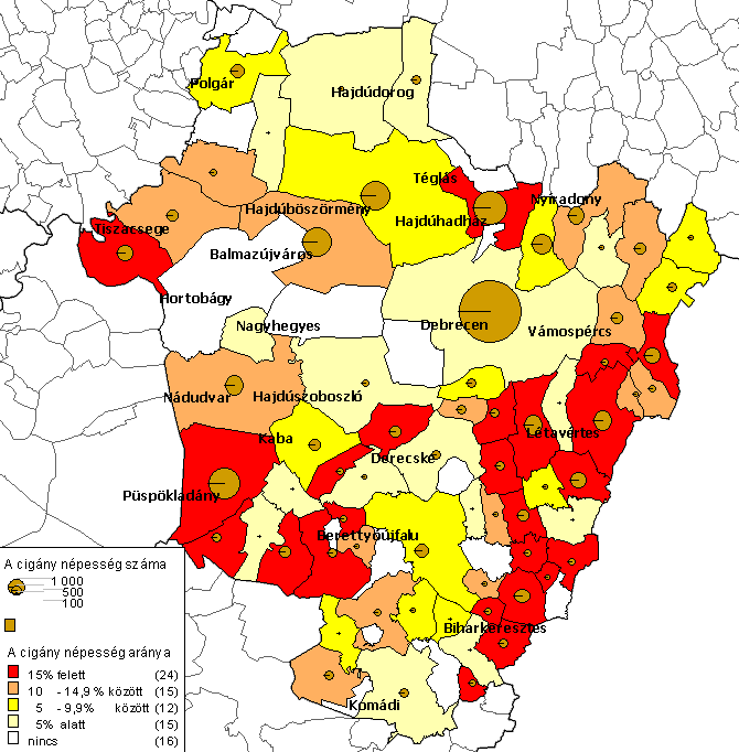 4. ábra: A megye cigány lakosságának száma és aránya településenként Forrás: Pásztor I.