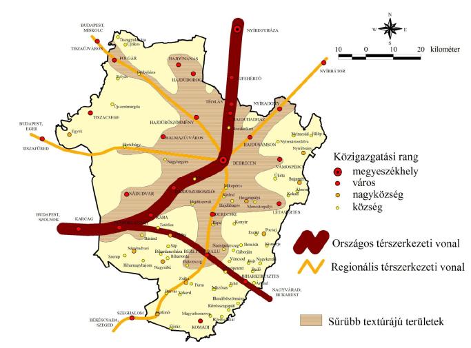 38. ábra: Hajdú-Bihar megye térszerkezete (forrás: Hajdú-Bihar megye területfejlesztési Koncepciójának helyzet feltárása) Az általunk vizsgált mutatók vonatkozásában rossz adottságokkal rendelkező