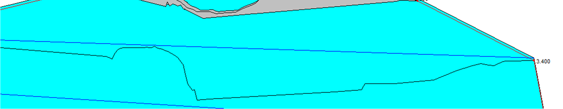 A geometria axonometrikus megjelenítése A permanens állapot hidraulikai adatai: A kőgát axonometrikus megjelenítése - Dunán és a Vén-Dunán mért vízhozamok (3600 és 135 m 3 /s) - alsó