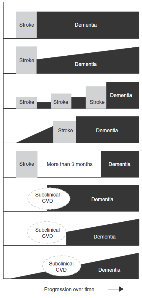 Post-stroke demencia (statikus forma) Post-stroke demencia (progresszív forma) Többszörös stroke ot követő demencia Prestroke demencia Stroke-tól független