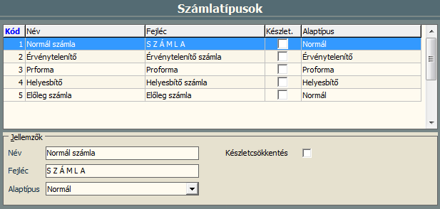 Név: A létrehozandó számlatípus szabadon választott megnevezése. Fejléc: Értelemszerű szöveg ami nyomtatódni fog a típushoz tartozó számlák fejlécébe a SZÁMLA felirat helyett.