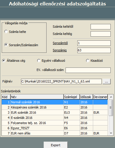 Az ablakból számlatömbönként lehet exportot indítani. Az export indítása mindig arra a számlatömbre fog vonatkozni, amelyik éppen ki van jelölve.