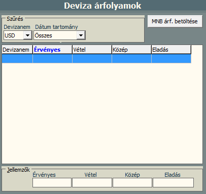 Ha a számítógépről van internet hozzáférés, akkor az ablak jobb-felső sarkában látható funkciós gomb hatására a Devizanem mezőbe kiválasztott devizához letölti a program a tárgyév január 1-től