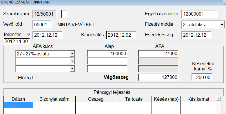 A pénzügyileg rendezett számlák esetén ez a mező üres. Ha a számla túlteljesített (pénzügyi teljesítés több, mint a végösszeg), akkor is rendezetlenként jelölve van a számla. 12.